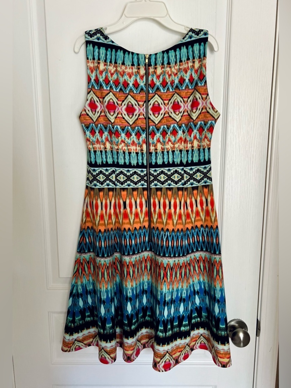 Gabby Skye Multicolor Boho Aztec Print Sleeveless Swing Dress - Turquoise, Coral - Picture 2 of 10